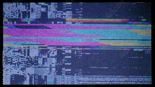 A colorful distorted VHS glitch screen with digital noise, pixelated textures, and horizontal scanline interference.