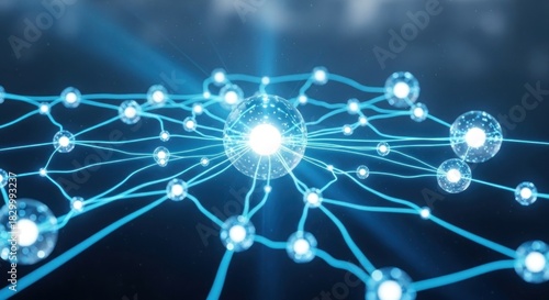 Abstract glowing neural network with interconnected nodes and synapses.