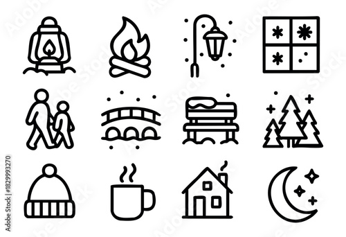 A collection of black outline icons depicting various outdoor and nature elements, including a lantern, campfire, street lamp, crescent moon with stars, walking people, a bridge, a park bench, and win