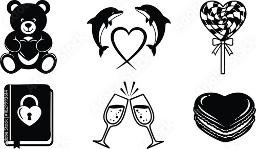 Flat design black valentines day icons with teddy bear holding heart dolphins around heart lollipop diary with heart lock champagne glasses and layered heart cookie set