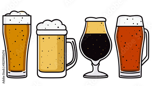 Collection of Four Different Types of Beer Glasses Filled with Various Beers