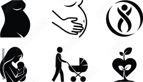 Minimal vector icons of pregnancy belly profile hand on bump mother with baby father pushing stroller and heart seedling symbol for family care and parenting
