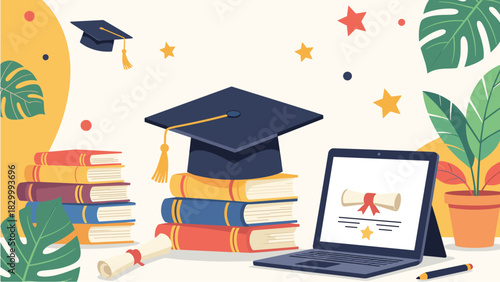 Education and Learning Laptop, Books, Graduation Cap, and Diploma Symbolize Academic Success