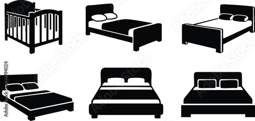 Flat design black silhouette set of baby crib and modern double beds viewed from side and front with pillows arranged in simple minimal style