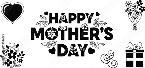 Black and white vector art happy mothers day lettering with decorative flowers leaves hearts bouquet gift box and swirl ornaments in minimalist flat holiday design