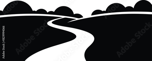 Minimalist vector art with winding road curving through black hillside silhouette and rounded tree shapes in horizontal landscape composition with strong contrast and calm mood