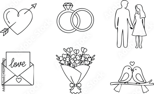 Minimal line art wedding and valentines day icons with heart arrow rings couple bouquet love letter and kissing birds arranged in two rows on white background