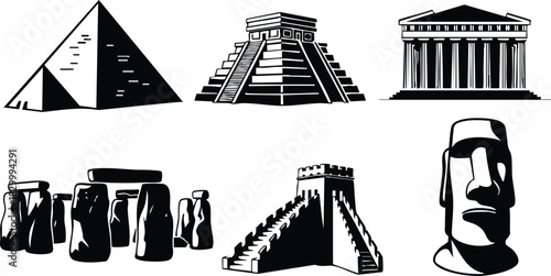 Monochrome vector art of famous landmarks including pyramid chichen itza parthenon stonehenge great wall and moai head arranged in two rows minimal bold style