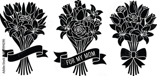 Floral vector art trio of tulip and rose bouquets with ribbons and central for my mom banner in bold black silhouette style for mothers day cards