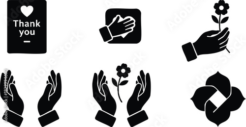 Minimalist black vector art set of gratitude icons with hands holding flower thank you card giving gesture and caring cupped palms in simple flat silhouette style