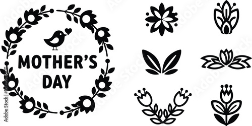 Flat design mothers day floral wreath with bird and heart surrounded text and nine black decorative flower icons arranged in grid on clean white background