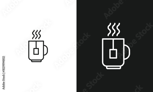 Cup of Hot Tea with Steaming Vapor and Teabag Label Line Art Icon for Beverage Menus and Break Time
