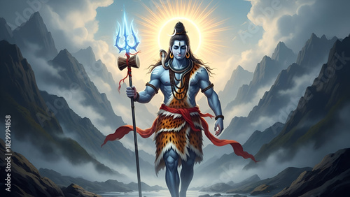 Mahadev Lord Shiva Walking Trident Mountain Landscape Sun Halo Bright Light Majestic Powerful Figure Blue Skin Spiritual Hinduism Mythology Bholenath Shankar God Destroyer Universe
