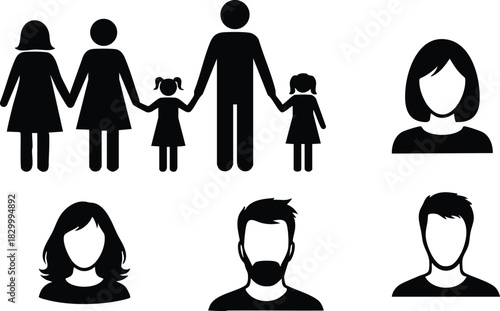 Minimalist black silhouette vector showing nuclear family with two daughters and separate male and female avatar portraits in simple flat icon style