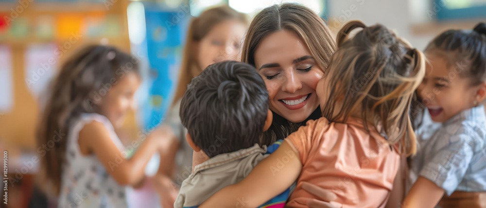 Obraz premium Group of joyful children hugging their teacher in a warm sunlit classroom, showing love, support, connection and positive emotions in an educational environment with natural light.