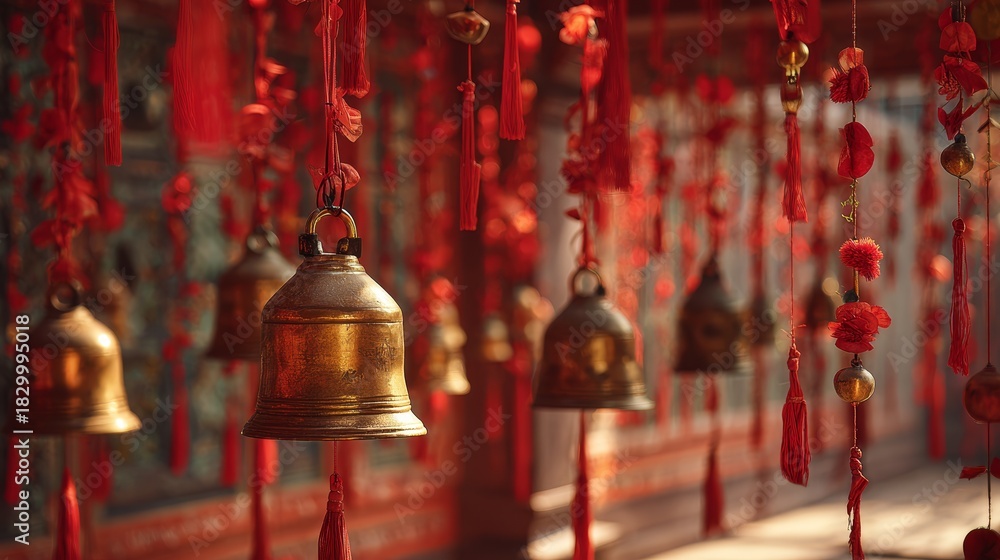 Obraz premium Golden temple bells hanging among red paper decorations