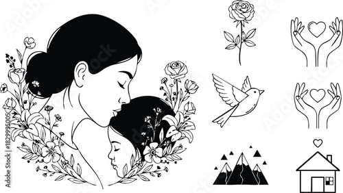 Minimalist vector art of mother kissing daughter forehead in floral wreath with rose bird mountains home and caring hands with hearts for mothers day love