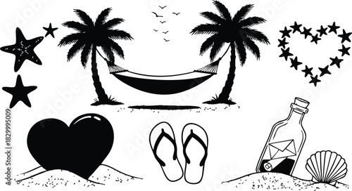 Monochrome vector art summer beach icons with hammock between palm trees starfish heart in sand message in bottle seashell and flip flops silhouette set