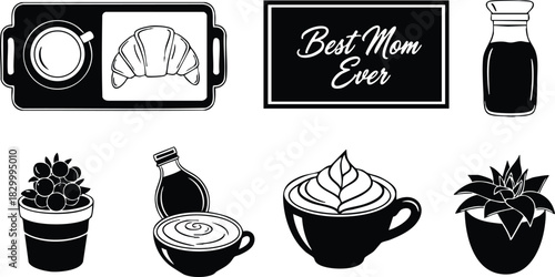 Minimalist vector art breakfast tray with coffee and croissant and best mom ever lettering with plants bottles and whipped cream cappuccino icons in black and white