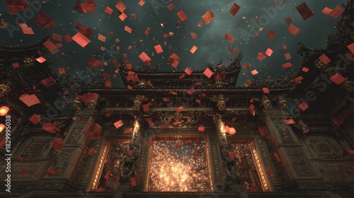 Ornate temple gates surrounded by floating red envelopes and sparkling fireworks