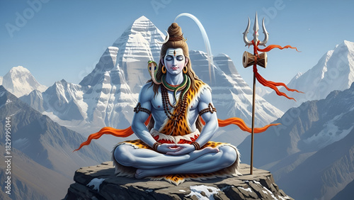 Mahadev Lord Shiva Meditating Peacefully In Serene Himalayas Adorned With Cobra Snake Rudraksha Mala On Tiger Skin Atop Mount Kailash Snowy Mountain Range Celestial Divine God Hindu Religious Spiritua