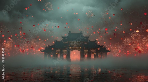 Ornate temple gates surrounded by floating red envelopes and sparkling fireworks