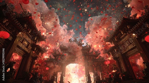 Ornate temple gates surrounded by floating red envelopes and sparkling fireworks