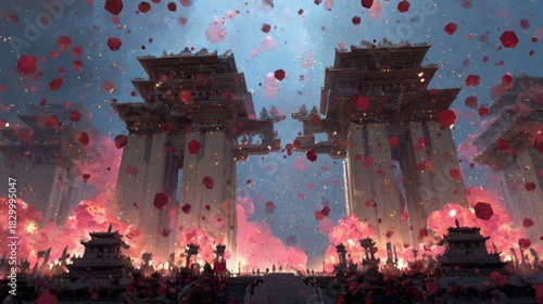 Ornate temple gates surrounded by floating red envelopes and sparkling fireworks