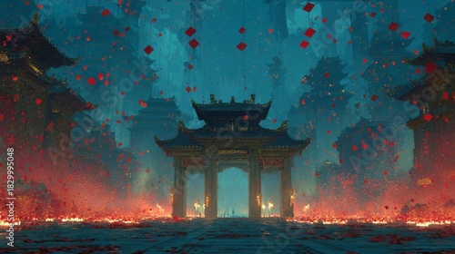 Ornate temple gates surrounded by floating red envelopes and sparkling fireworks