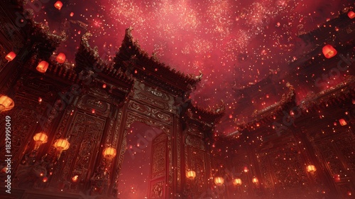 Ornate temple gates surrounded by floating red envelopes and sparkling fireworks