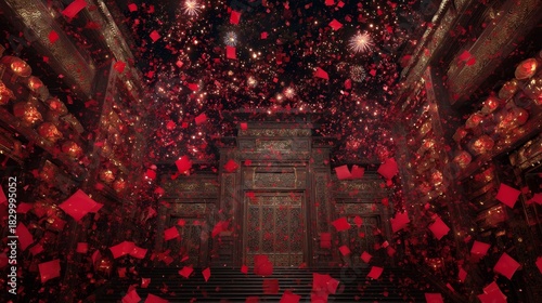 Ornate temple gates surrounded by floating red envelopes and sparkling fireworks
