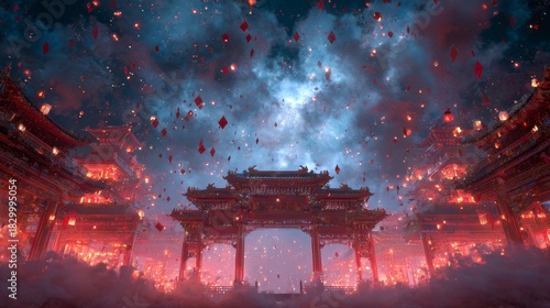 Ornate temple gates surrounded by floating red envelopes and sparkling fireworks