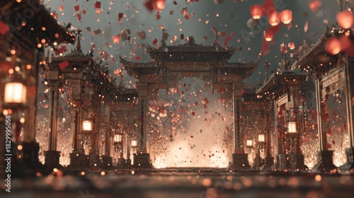 Ornate temple gates surrounded by floating red envelopes and sparkling fireworks