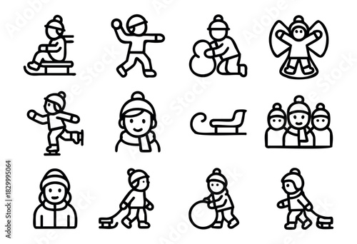 A collection of minimalist line icons depicting various winter activities and characters, including children playing with snow, sledding, ice skating, and portraits in winter attire.