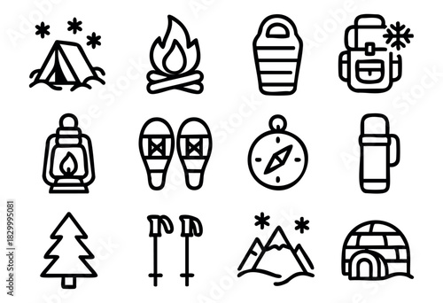 A comprehensive collection of outdoor adventure and camping gear icons, including a tent, campfire, sleeping bag, backpack, lantern, compass, snowshoes, skis, and thermoses, rendered in a minimalist l