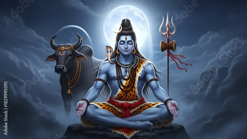 Lord Shiva Mahadev Meditation Pose Nandi Bull Himalayan Mountains Full Moon Night Digital Painting Mystical Hindu God Shankar Bholenath Sawan Month Shravan Spiritual Yoga Indian Culture Worship 