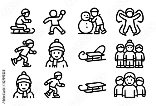 A collection of minimalist line icons depicting various winter activities and characters, including children playing with snow, sledding, ice skating, and portraits in winter attire.
