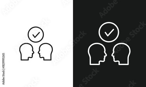 Agreement and Communication Icon with Two Heads and a Checkmark for Teamwork and Successful Negotiation