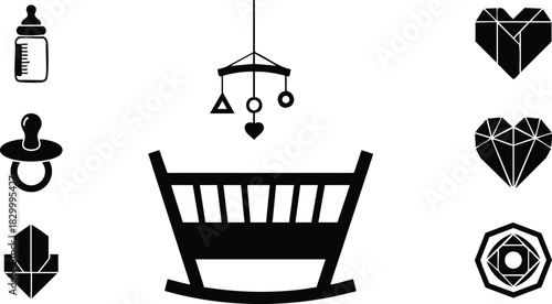 Flat design black baby cradle with hanging mobile and geometric hearts arranged in vertical columns with bottle pacifier feather and hexagon symbol on white background