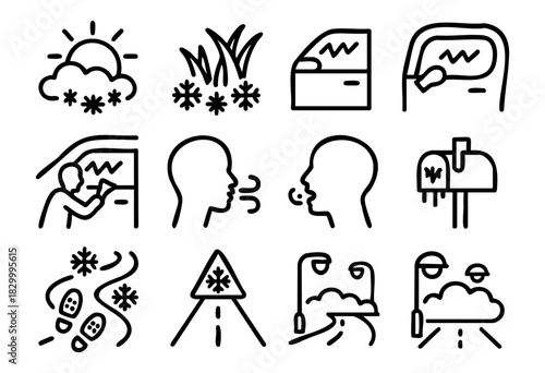 A collection of line icons represents winter conditions and challenges like ice buildup, icy roads, and the need for snow removal. The set emphasizes safety and awareness during the winter season.