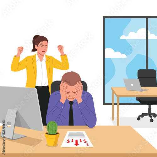 Stressed businessman overwhelmed by angry female colleague in modern office setting