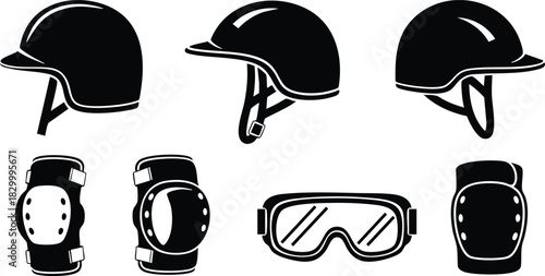 Flat design black safety gear vector art with three side view helmets knee and elbow pads and ski goggles arranged in two rows on white background