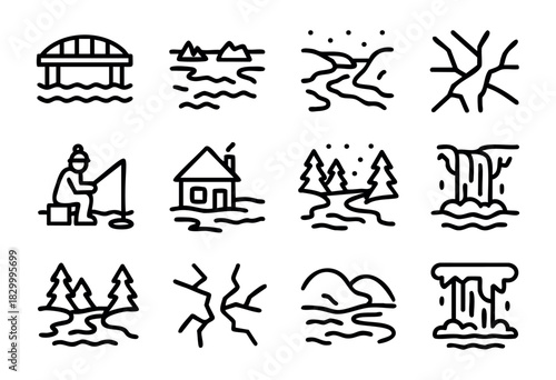 A collection of twelve distinct outlined icons, each representing various outdoor landscapes and recreational activities such as fishing, waterscapes, cabins, waterfalls, bridges, forests and natural 