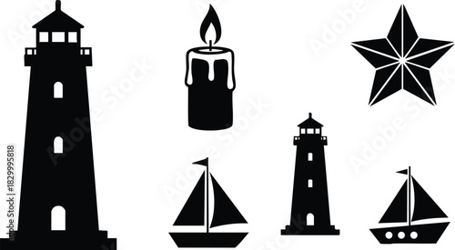 Minimalist vector art set of black lighthouse silhouettes candle flame nautical sailboats and geometric star icons arranged in two rows on clean white background