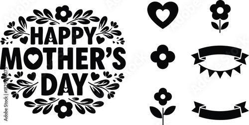 Flat black floral vector art with happy mothers day lettering heart shapes and decorative banner icons for greeting card and festive celebration design