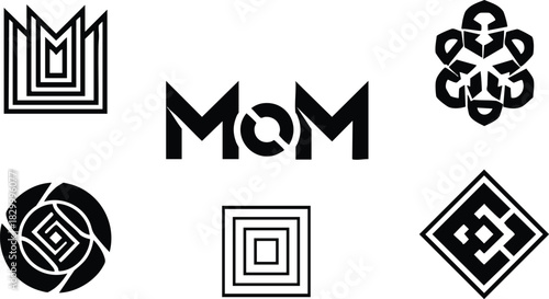 Monochrome vector art set of geometric mom logotype with circular letter o and five abstract black emblems arranged symmetrically on white background minimal modern style