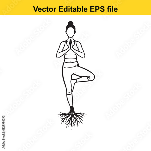 Black and white line art vector illustration of a woman practicing tree pose yoga asana with roots growing from her standing foot, isolated on white background