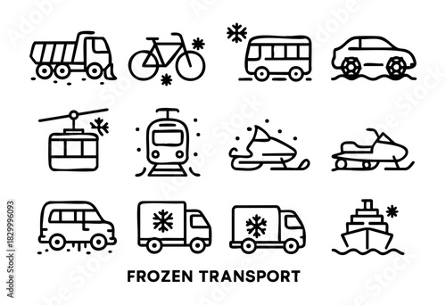 Frozen Transport line icons — various vehicles for travel and logistics in winter snow and ice conditions — stock vector.