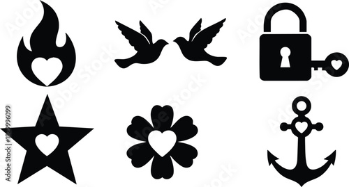 Flat design black love icons set with heart flame flying doves padlock key star flower and anchor symbols on white background for valentines day romance graphics