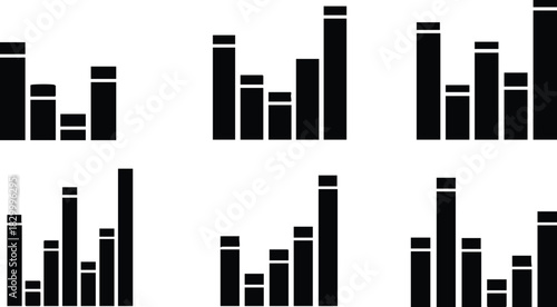 Minimalist vector art of six black vertical bar chart icons in two rows showing different growth levels on white background simple data analytics symbol set